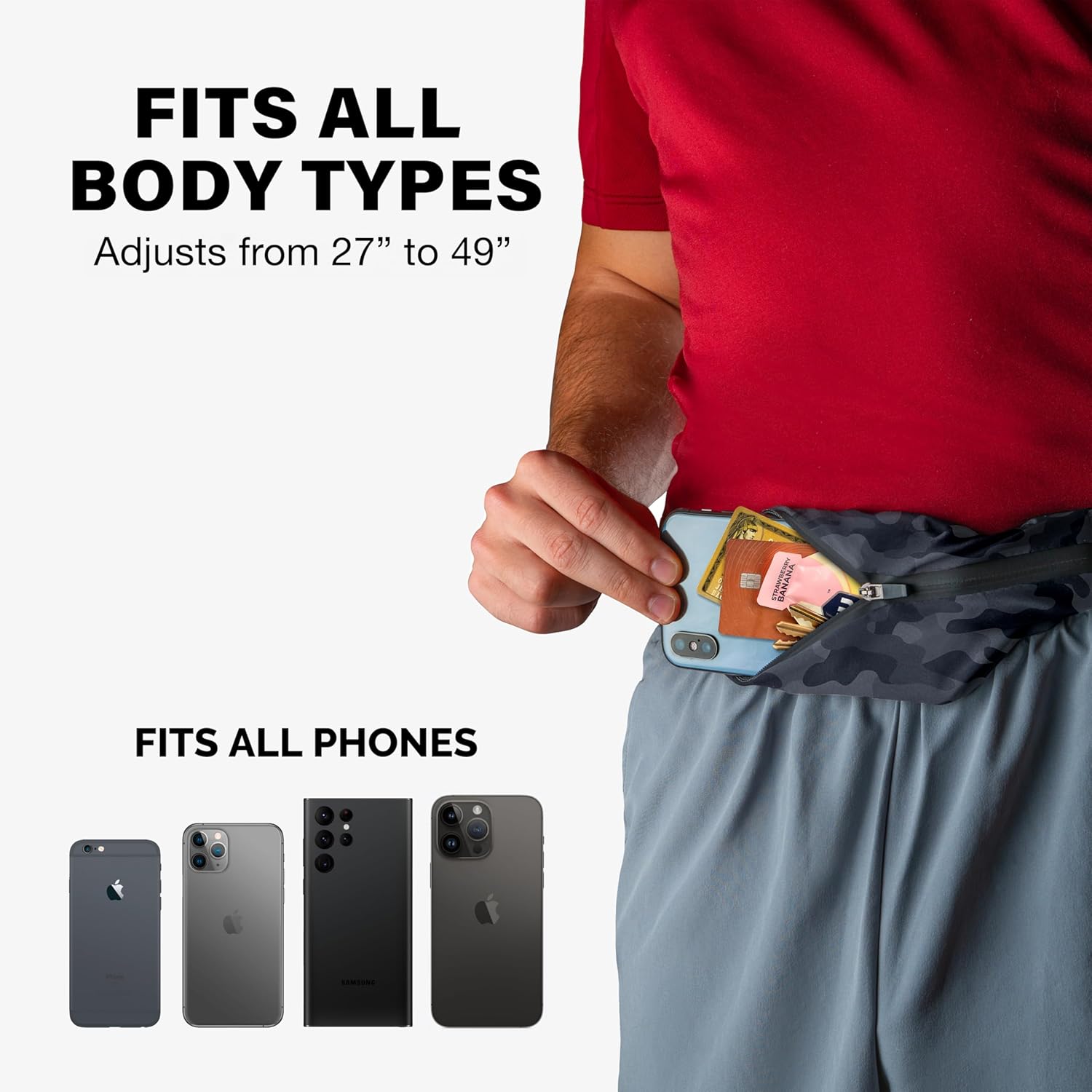 Unisex Back Bay Slim Running Belt with Phone Holder, Money Belt for Runners, Waist Bag Workout Gear, Fits All Phones, Running Gear Gift