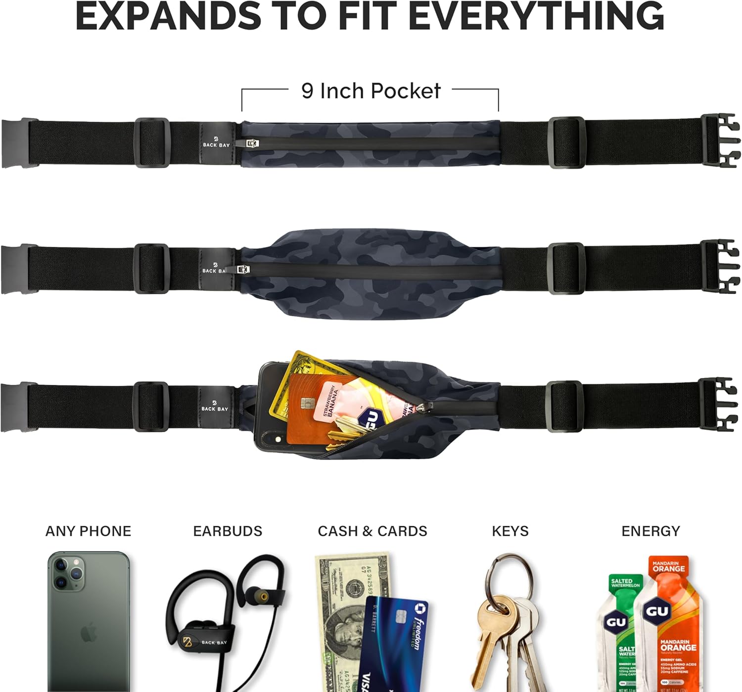 Unisex Back Bay Slim Running Belt with Phone Holder, Money Belt for Runners, Waist Bag Workout Gear, Fits All Phones, Running Gear Gift