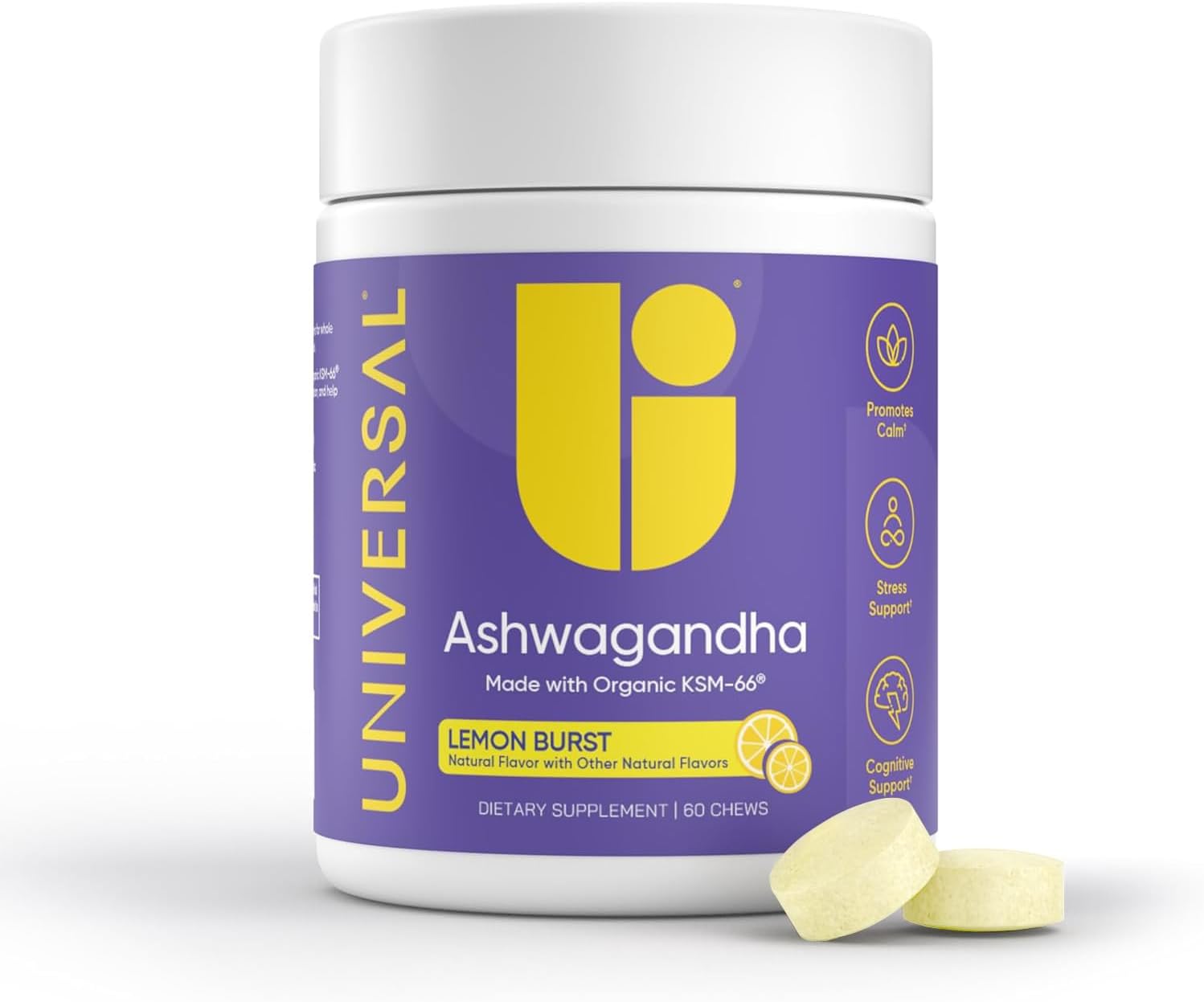 Universal U Ashwagandha KSM-66 Chews - Lemon Flavor, 60 Count - Stress Relief, Cognitive Function, Mood Support - Bioavailable Full Spectrum Ashwagandha Root Extract for Calm & Relaxation - BoostGo Australia