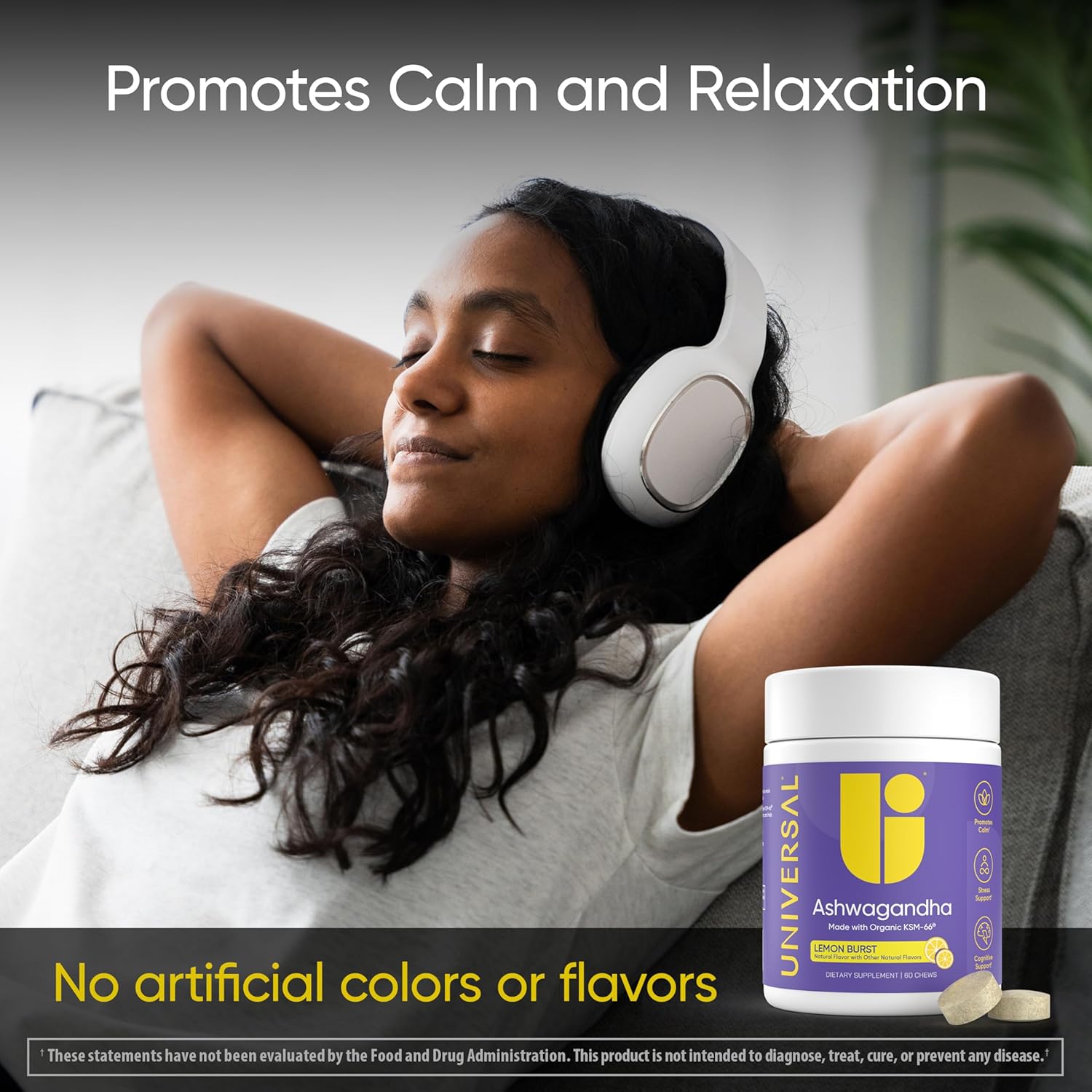 Universal U Ashwagandha KSM-66 Chews - Lemon Flavor, 60 Count - Stress Relief, Cognitive Function, Mood Support - Bioavailable Full Spectrum Ashwagandha Root Extract for Calm & Relaxation - BoostGo Australia