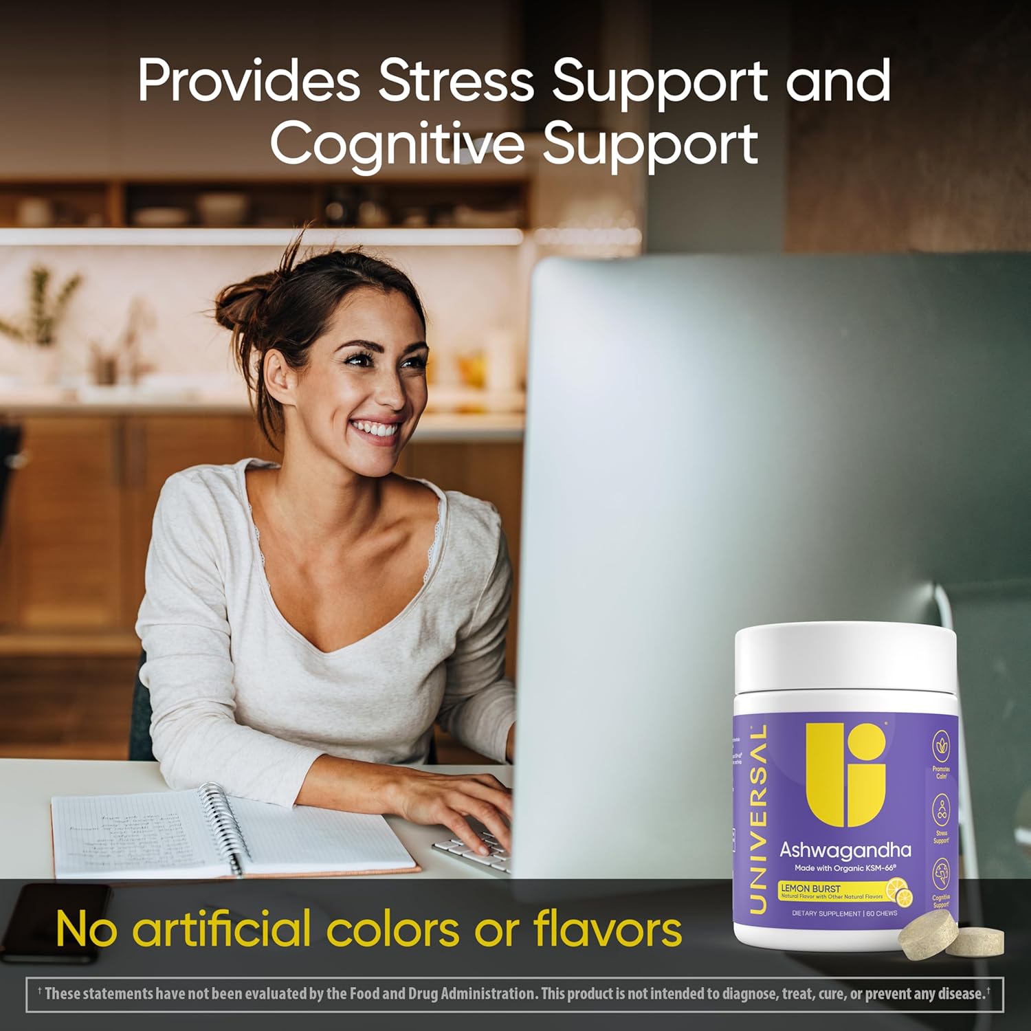 Universal U Ashwagandha KSM-66 Chews - Lemon Flavor, 60 Count - Stress Relief, Cognitive Function, Mood Support - Bioavailable Full Spectrum Ashwagandha Root Extract for Calm & Relaxation - BoostGo Australia