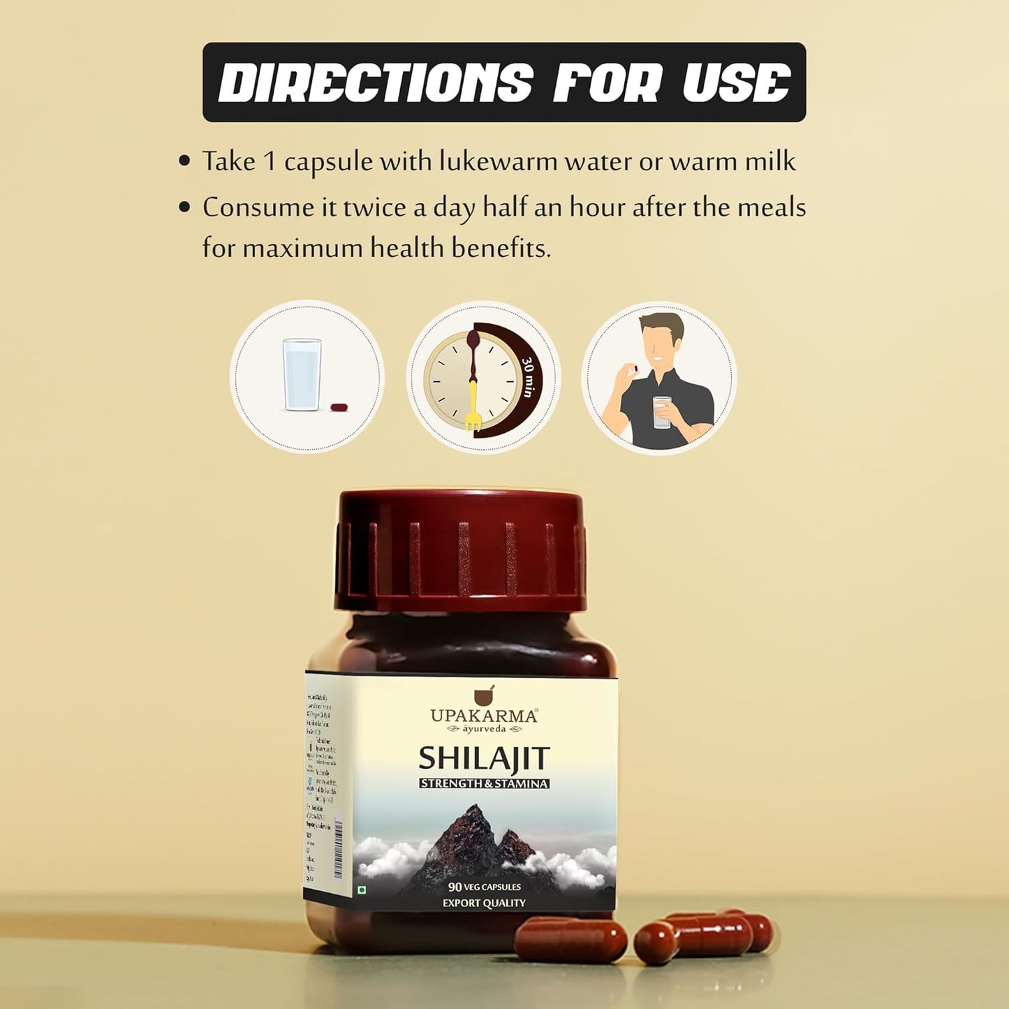 Upakarma Ayurveda Shilajit Capsules 1000mg - Pure & Natural Source of Fulvic Acid, Trace Minerals - 90 Capsules for Strength, Stamina, Immune Support - 45 Day Supply (Pack of 1)