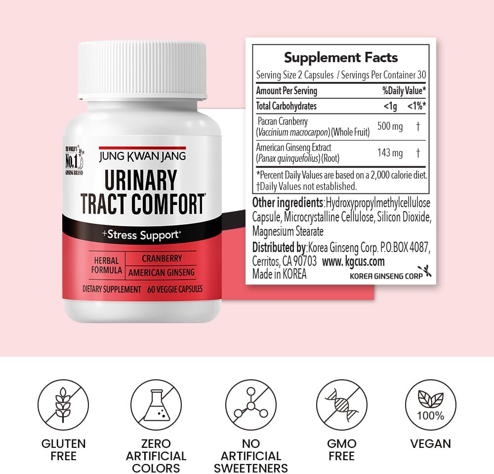 Urinary Tract Health Supplement with Pacran Cranberry and American Ginseng - 60 Capsules for Men and Women