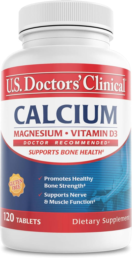 US Doctors' Clinical 1200mg Calcium Citrate & Carbonate Complex with Magnesium & Vitamin D3 - Bone, Muscle, Nerve Support - Vegan, Non-GMO - 120 Tablets