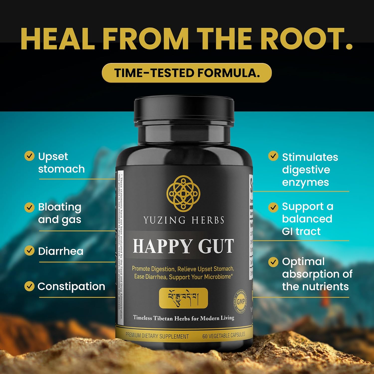 US-Made Yuzing Herbs Digestive Supplement for Gut Health & Bloating Relief - Enzymes & Probiotics for Men & Women - 60 Capsules