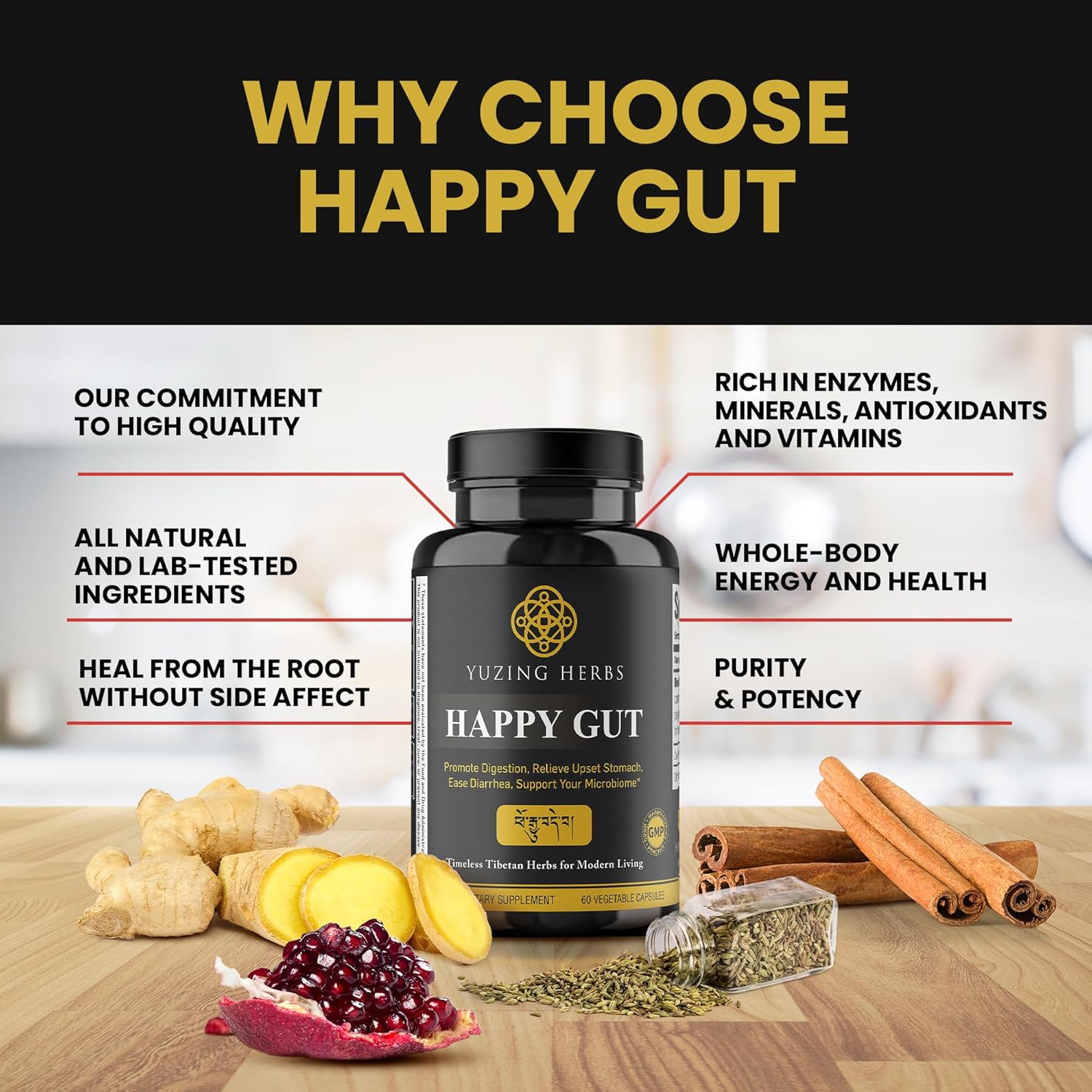 US-Made Yuzing Herbs Digestive Supplement for Gut Health & Bloating Relief - Enzymes & Probiotics for Men & Women - 60 Capsules