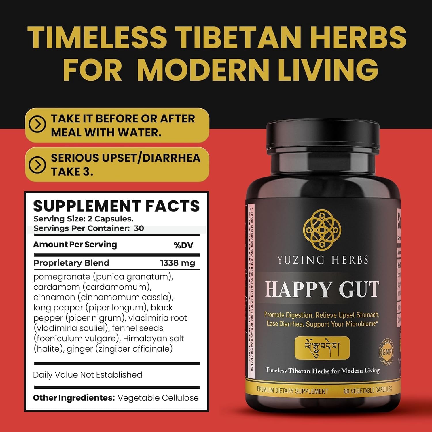 US-Made Yuzing Herbs Digestive Supplement for Gut Health & Bloating Relief - Enzymes & Probiotics for Men & Women - 60 Capsules