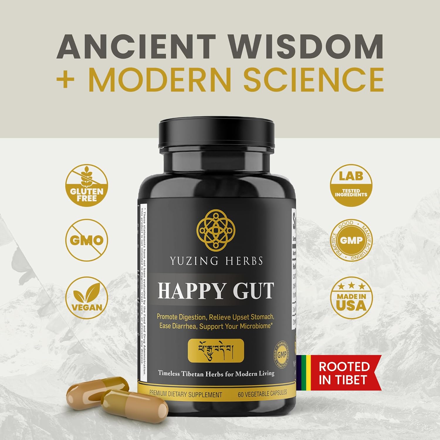 US-Made Yuzing Herbs Digestive Supplement for Gut Health & Bloating Relief - Enzymes & Probiotics for Men & Women - 60 Capsules