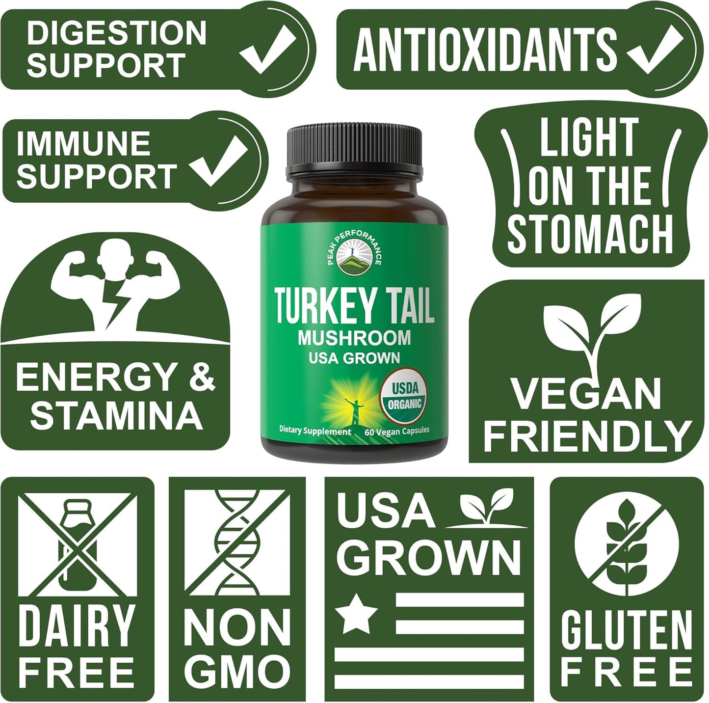 USA Grown Peak Performance Organic Turkey Tail Mushroom Capsules - Immune System Support and Vegan Supplement for Natural Immunity Boost