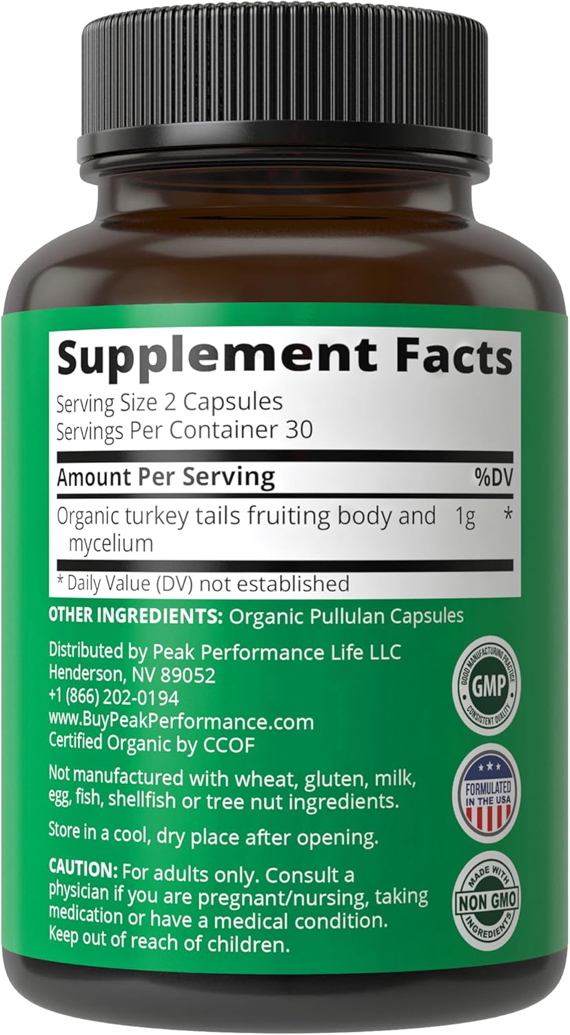 USA Grown Peak Performance Organic Turkey Tail Mushroom Capsules - Immune System Support and Vegan Supplement for Natural Immunity Boost
