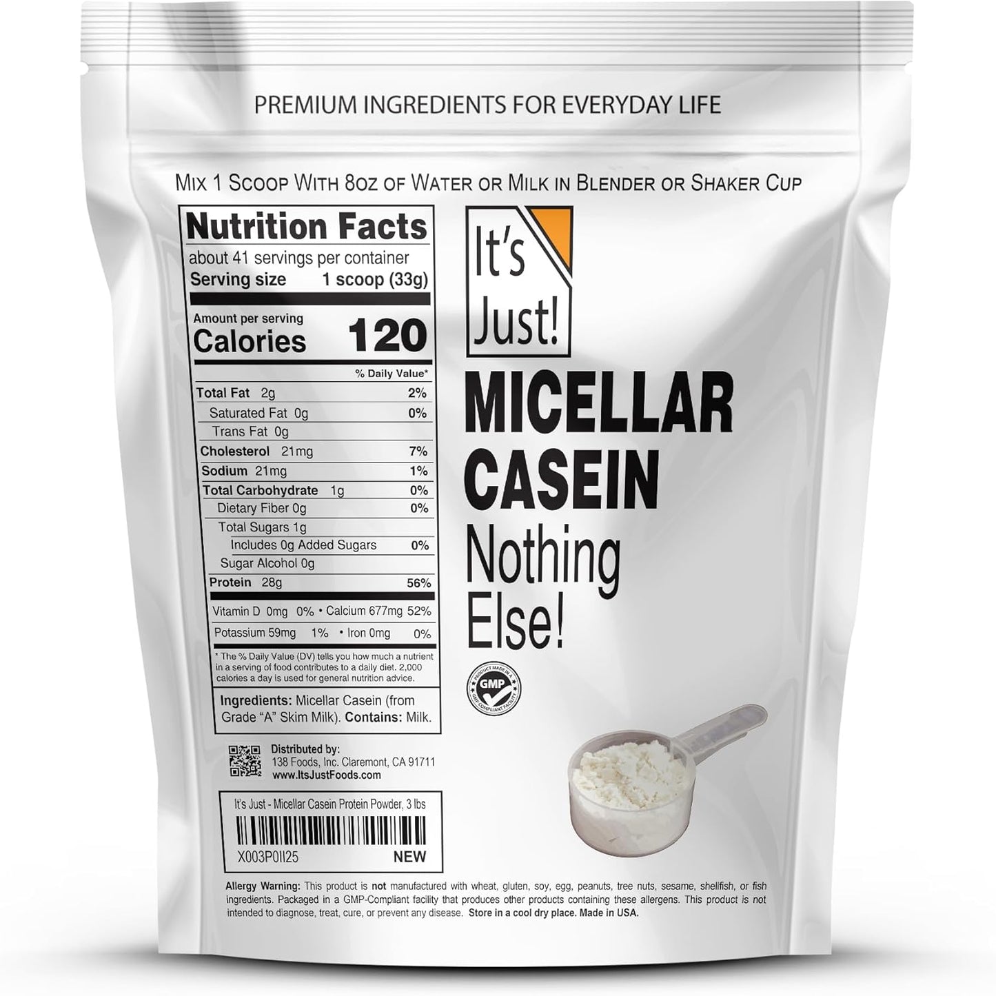 USA-Made 100% Casein Protein Powder - Slow Burning Time Release, 6.9g BCAAs, 1g Carb, Non-GMO - Unflavored 3lbs