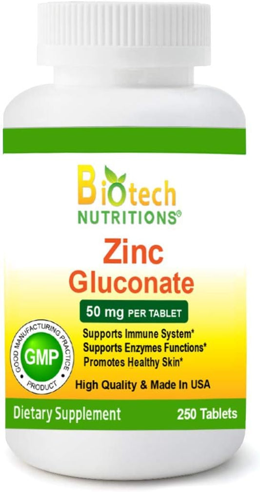 USA-Made Biotech Nutrition Zinc Gluconate 50mg - 250 Tablets, Vegetarian/Vegan Formula