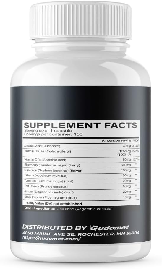 USA-Made Elderberry Quercetin Bilberry Turmeric Tart Cherry Ginger Capsules with Vitamin C, D3, Zinc & Black Pepper - 150ct