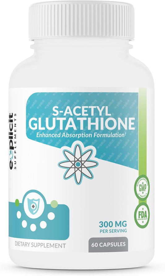 USA-Made eXplicit Supplements S-Acetyl Glutathione SAG Capsules - 300mg Per Dose, 60 Count