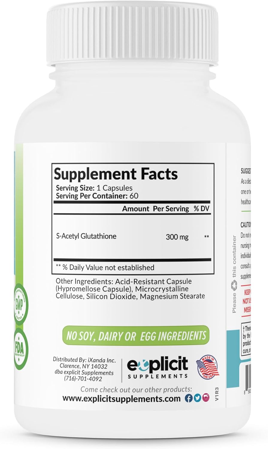 USA-Made eXplicit Supplements S-Acetyl Glutathione SAG Capsules - 300mg Per Dose, 60 Count