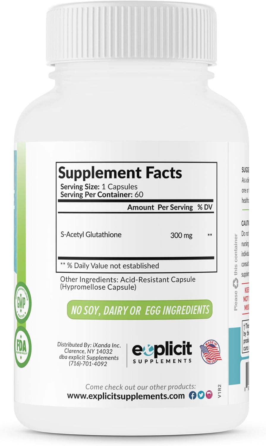 USA-Made eXplicit Supplements S-Acetyl Glutathione SAG Capsules - 300mg Per Dose, 60 Count