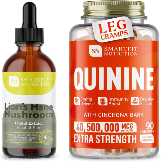USA-Made Lions Mane Extract & Quinine Capsules Bundle for Brain Boost & Cramp Defense by SN SMARTFIT NUTRITION