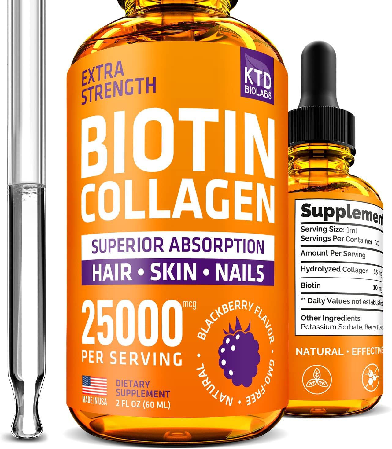 USA-Made Liquid Collagen & Biotin Drops 25,000 mcg for Hair Growth - Hydrolyzed Supplement for Hair Skin Nails - Vitamins for Women Men