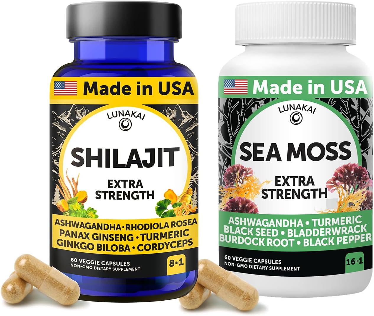 USA Made Lunakai Shilajit & Sea Moss Capsules Bundle with Ashwagandha, Black Seed Oil, and Rhodiola - Strength & Immune Support - 60ct Each