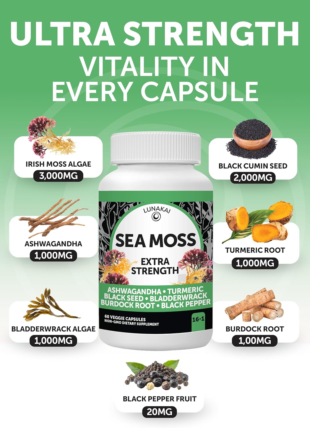USA Made Lunakai Shilajit & Sea Moss Capsules Bundle with Ashwagandha, Black Seed Oil, and Rhodiola - Strength & Immune Support - 60ct Each