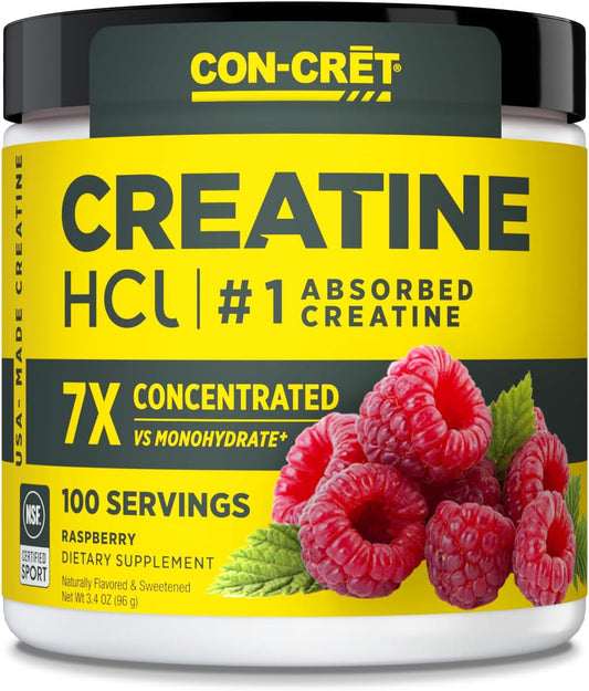 USA Made NSF Certified Raspberry Flavored CON-CRET Creatine HCl Powder for Muscle, Cognitive, and Cellular Energy Support with No Bloating or Cramps - 100 Servings