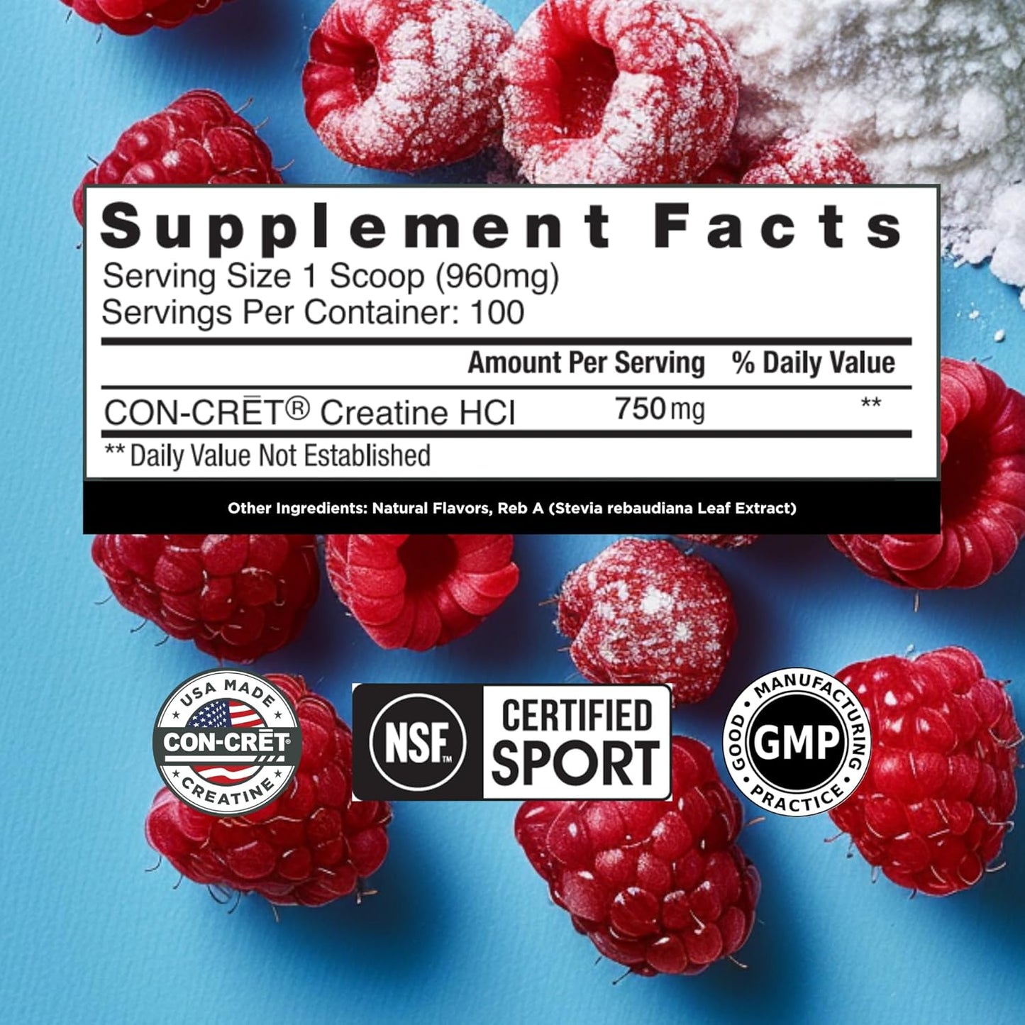 USA Made NSF Certified Raspberry Flavored CON-CRET Creatine HCl Powder for Muscle, Cognitive, and Cellular Energy Support with No Bloating or Cramps - 100 Servings