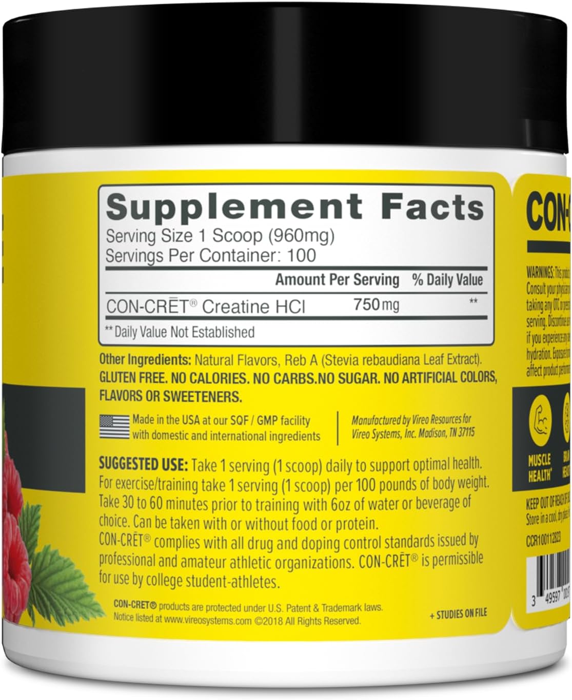 USA Made NSF Certified Raspberry Flavored CON-CRET Creatine HCl Powder for Muscle, Cognitive, and Cellular Energy Support with No Bloating or Cramps - 100 Servings