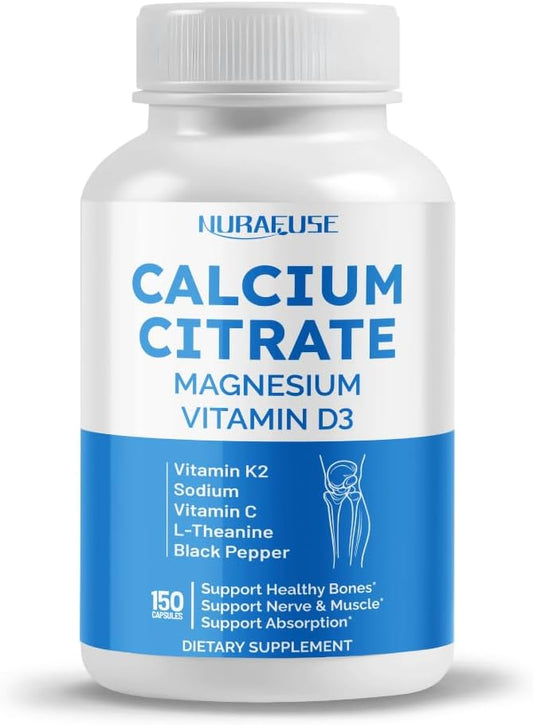 USA-Made NURAFUSE Calcium Citrate Magnesium Vitamin D3 1000IU - Promotes Bone, Nerve, Muscle Health & Absorption - Tested for Purity