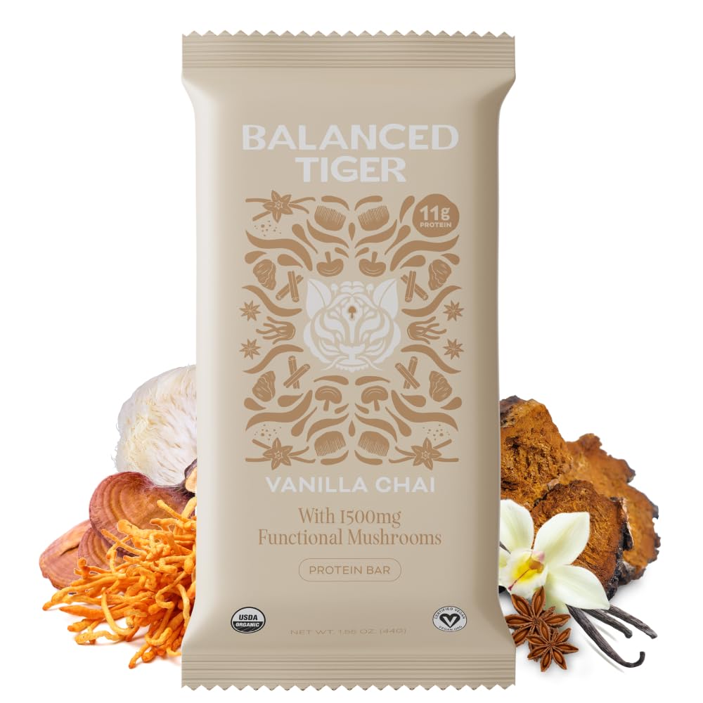 USA-Made Organic Vegan Protein Bars with Adaptogens & Superfoods - 1500mg Lions Mane, Chaga, Reishi, Cordyceps - Plant Protein Bars - Vanilla Chai