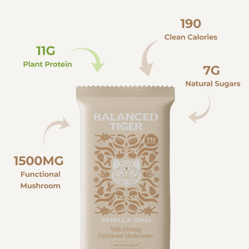 USA-Made Organic Vegan Protein Bars with Adaptogens & Superfoods - 1500mg Lions Mane, Chaga, Reishi, Cordyceps - Plant Protein Bars - Vanilla Chai