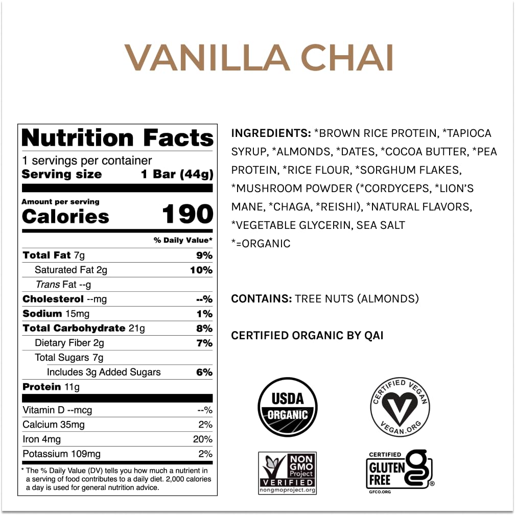 USA-Made Organic Vegan Protein Bars with Adaptogens & Superfoods - 1500mg Lions Mane, Chaga, Reishi, Cordyceps - Plant Protein Bars - Vanilla Chai