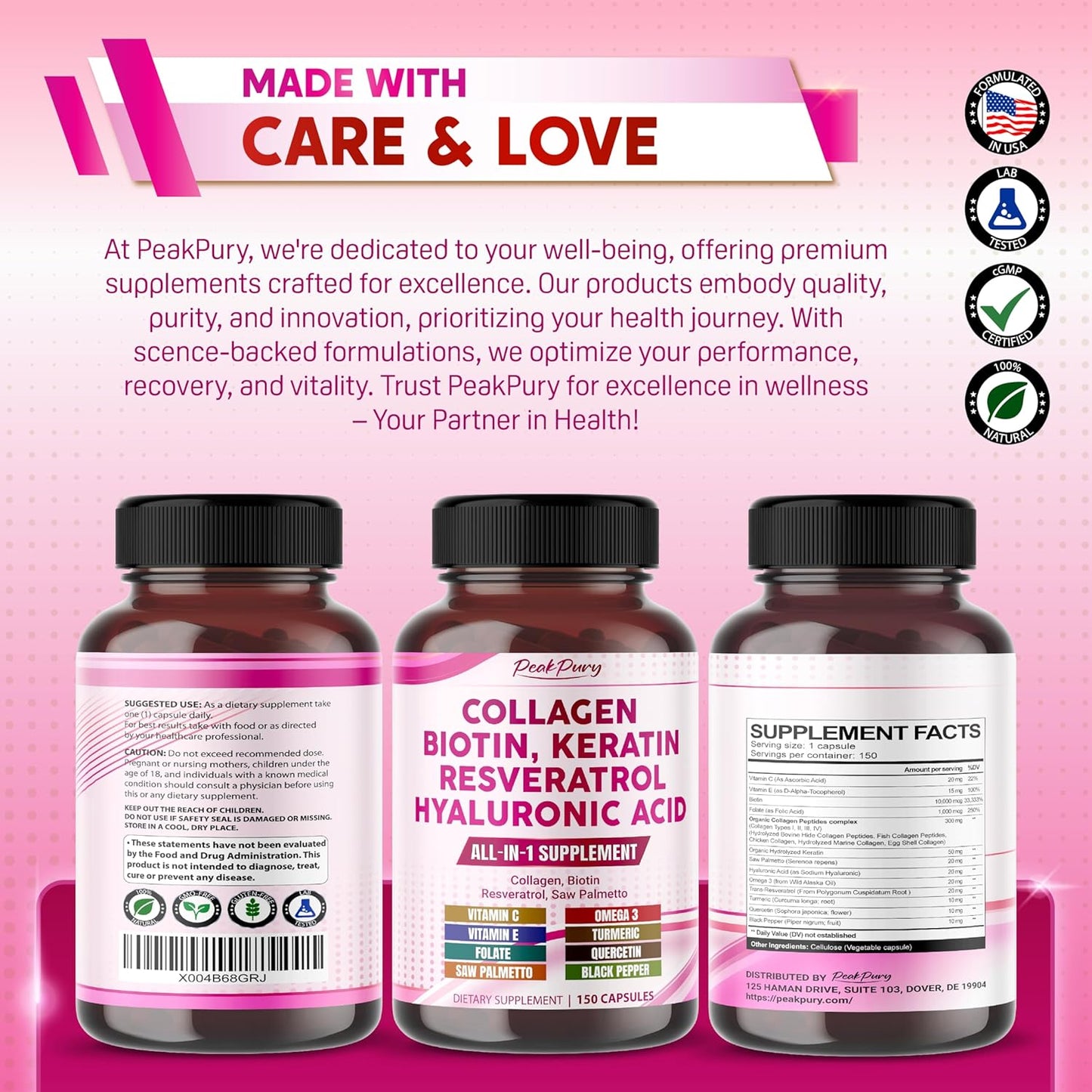 USA-Made Peakpury Collagen Biotin Resveratrol Saw Palmetto for Skin and Joint Health Support