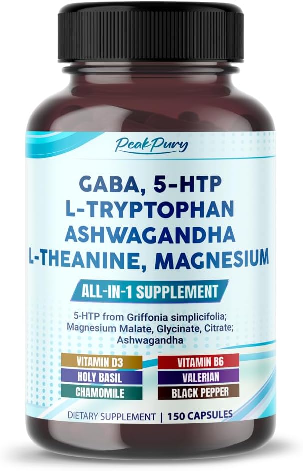 USA-Made PeakPury Supplement with GABA, 5-HTP, L-Tryptophan, Ashwagandha, Chamomile, L-Theanine, and Magnesium