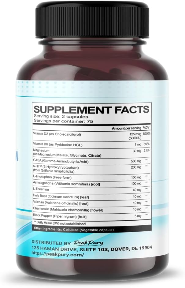 USA-Made PeakPury Supplement with GABA, 5-HTP, L-Tryptophan, Ashwagandha, Chamomile, L-Theanine, and Magnesium