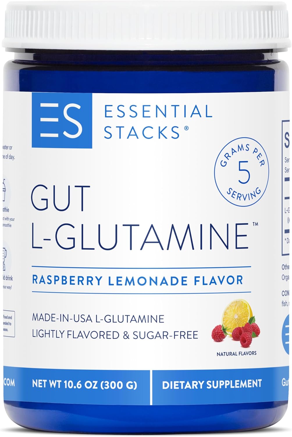USA-Made Pure L-Glutamine Powder for Gut Health - Raspberry Lemonade Flavor (50 Servings) by Essential Stacks