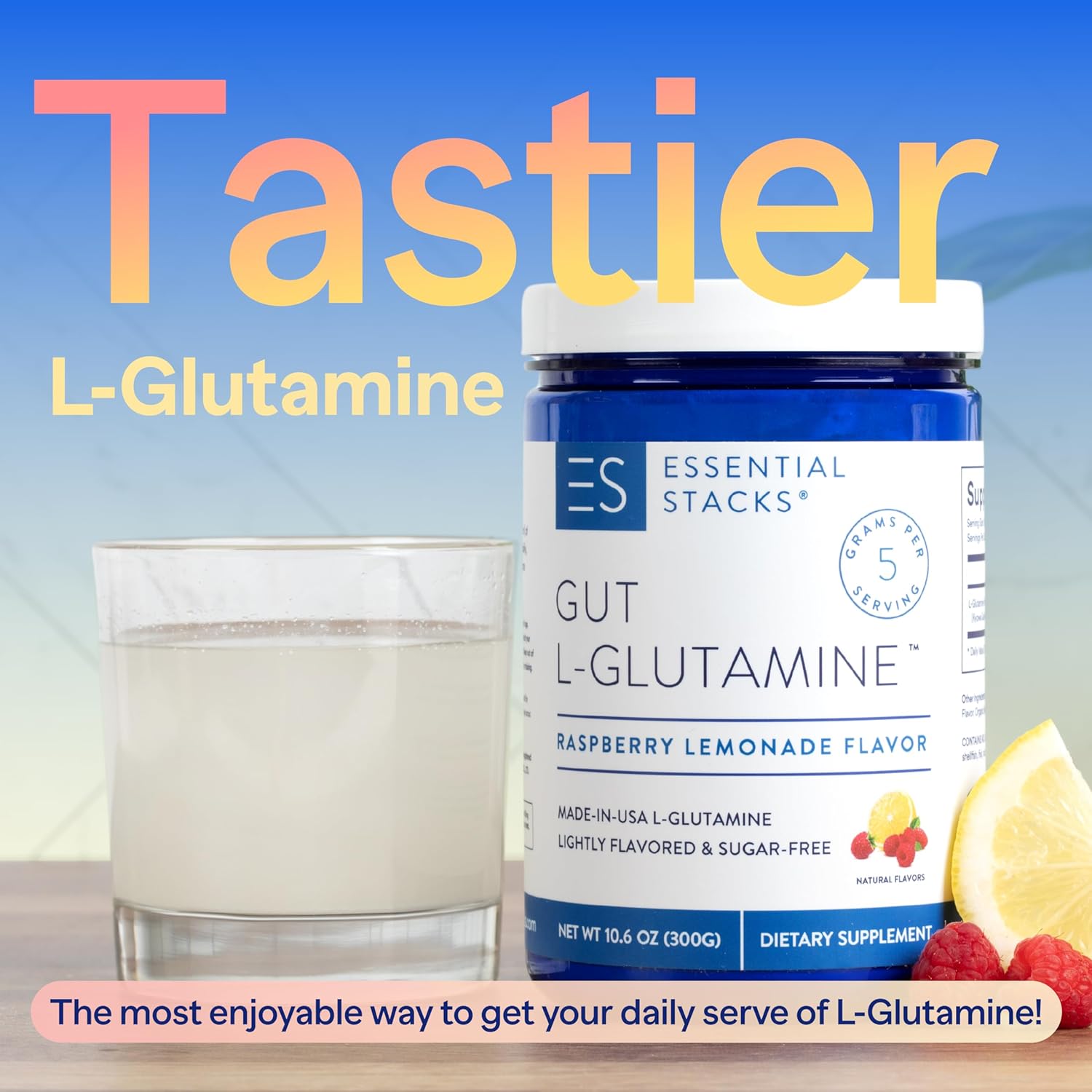 USA-Made Pure L-Glutamine Powder for Gut Health - Raspberry Lemonade Flavor (50 Servings) by Essential Stacks