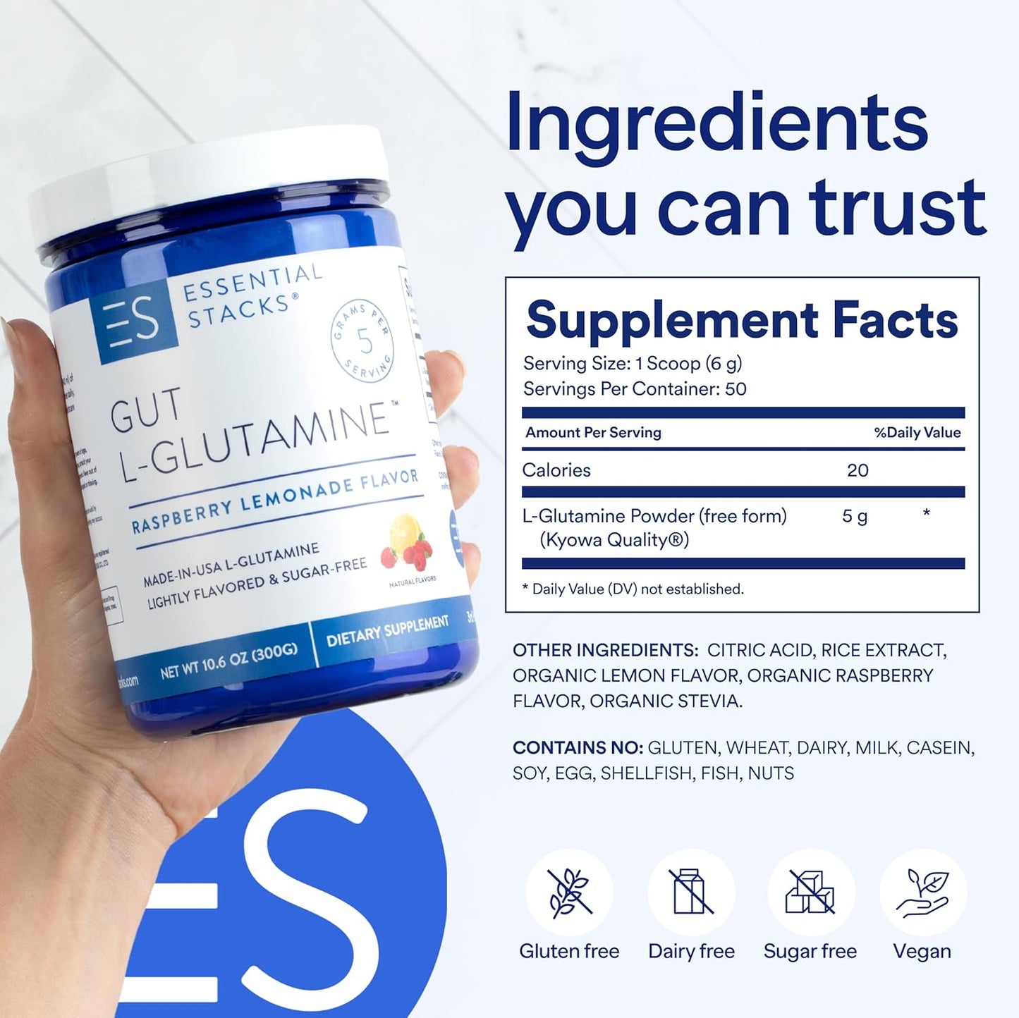 USA-Made Pure L-Glutamine Powder for Gut Health - Raspberry Lemonade Flavor (50 Servings) by Essential Stacks