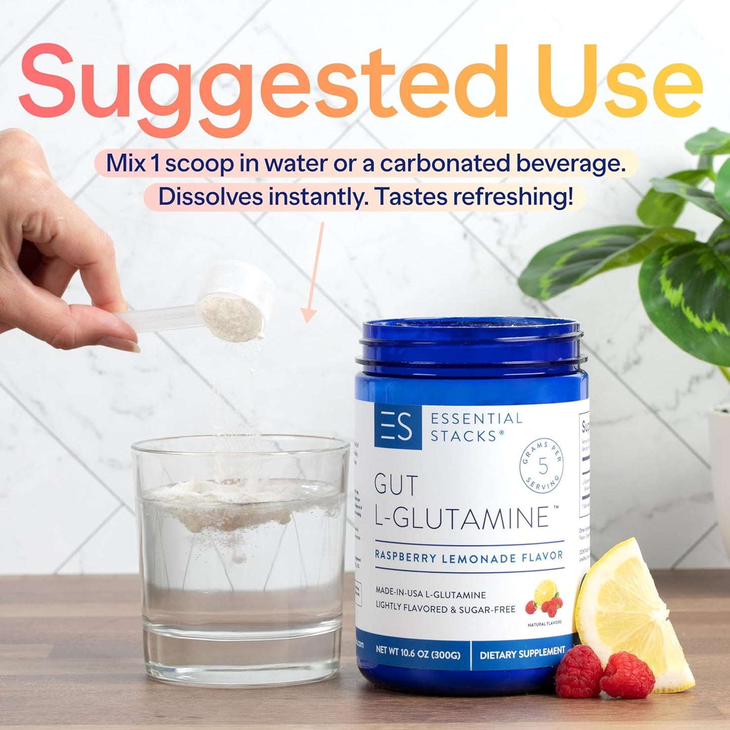 USA-Made Pure L-Glutamine Powder for Gut Health - Raspberry Lemonade Flavor (50 Servings) by Essential Stacks