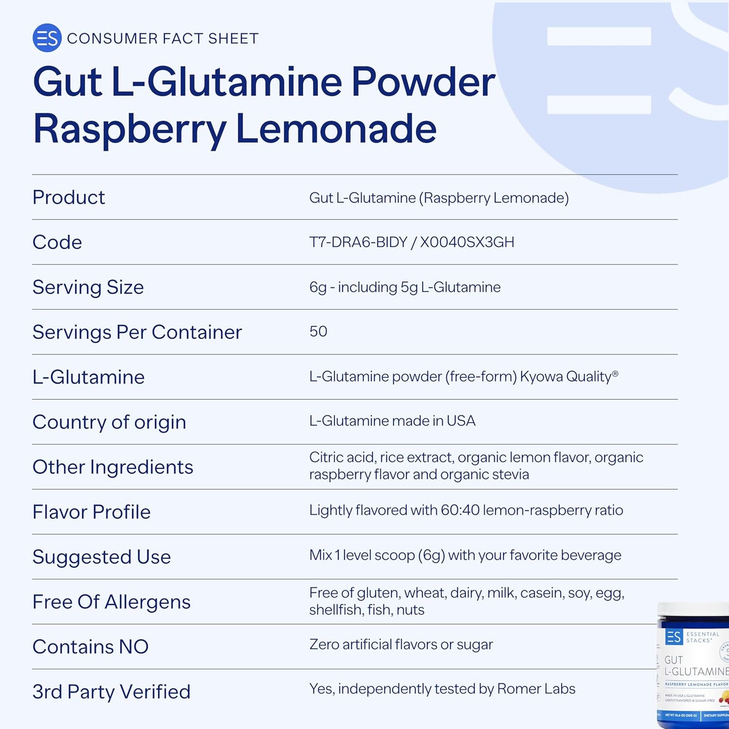 USA-Made Pure L-Glutamine Powder for Gut Health - Raspberry Lemonade Flavor (50 Servings) by Essential Stacks