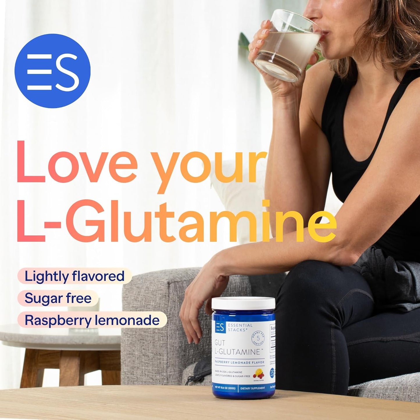 USA-Made Pure L-Glutamine Powder for Gut Health - Raspberry Lemonade Flavor (50 Servings) by Essential Stacks