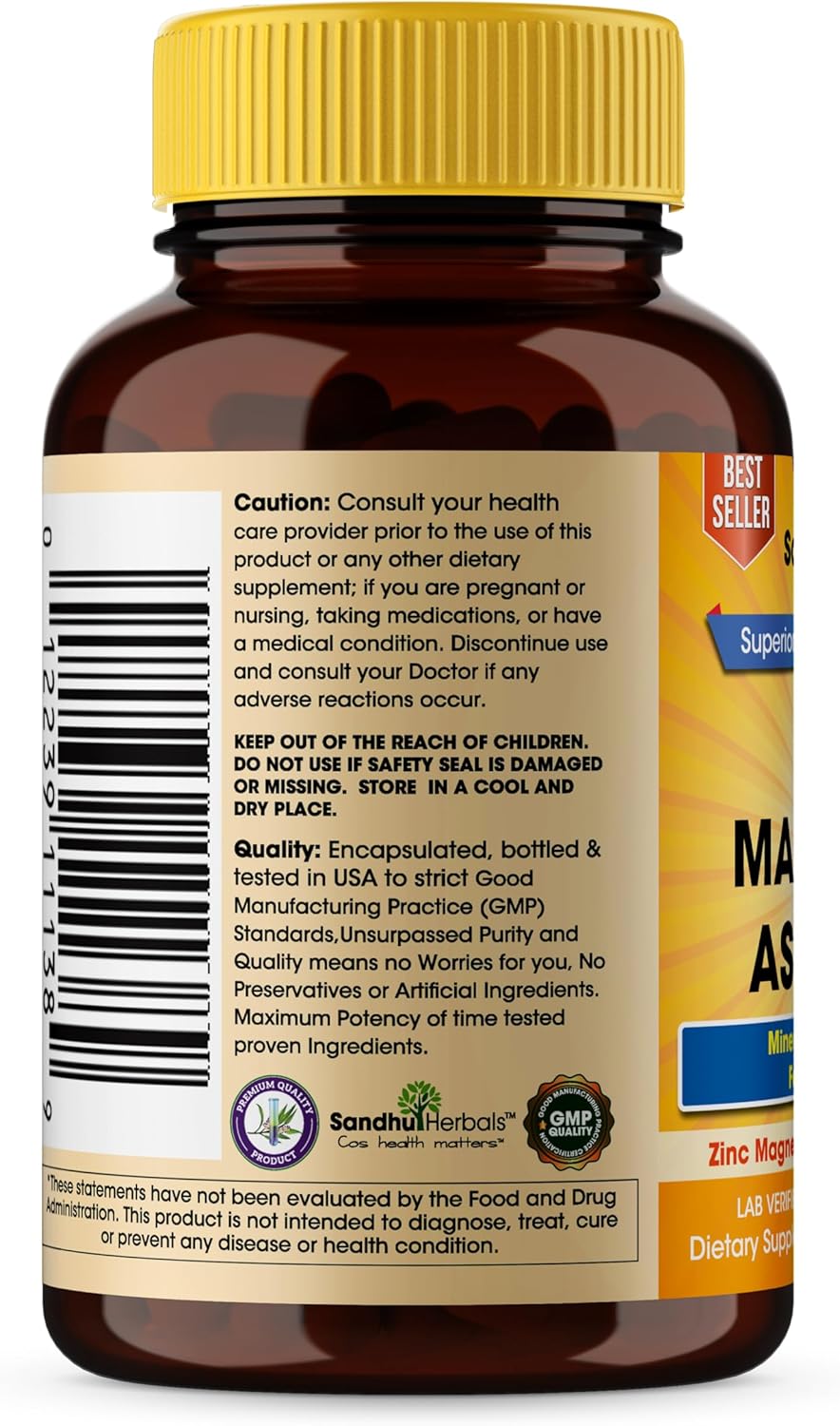 USA-Made Sandhu Herbals Zinc Magnesium Aspartate Supplement | 120 Capsules for Muscle Recovery & Immune Support - With Vitamin B6 for Better Sleep and Recovery