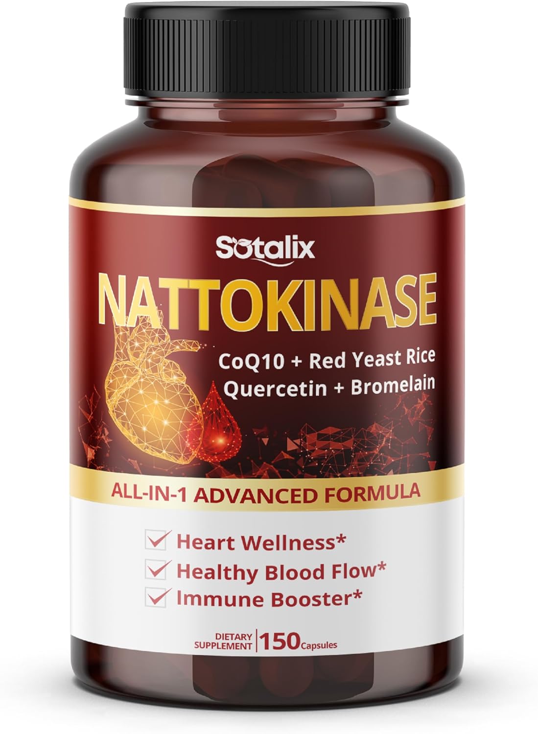 USA Made Sotalix Supplement with Nattokinase, CoQ10, Red Yeast Rice, Quercetin, and Bromelain - Immune Booster - 150-Day Supply - Tested