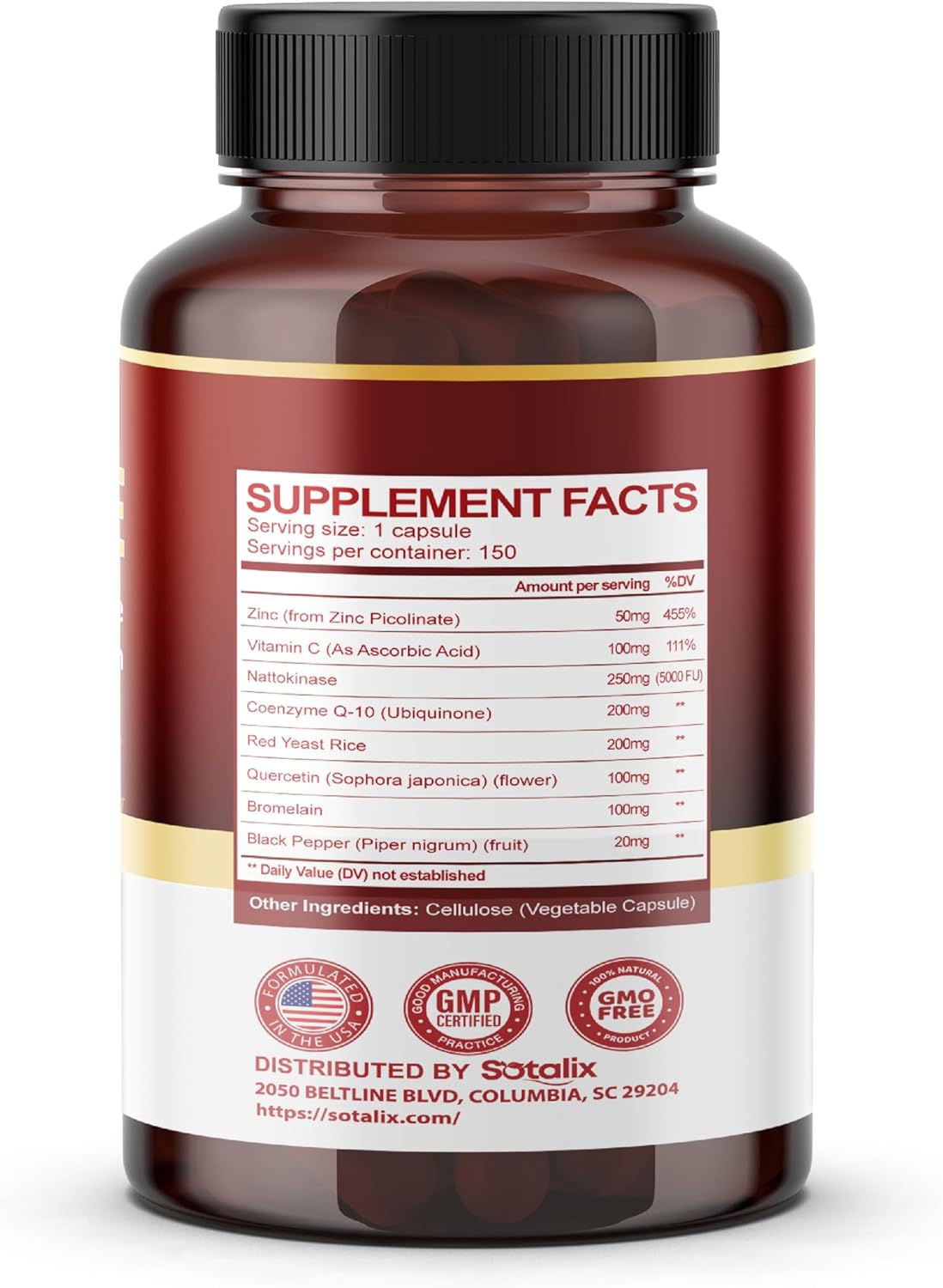 USA Made Sotalix Supplement with Nattokinase, CoQ10, Red Yeast Rice, Quercetin, and Bromelain - Immune Booster - 150-Day Supply - Tested