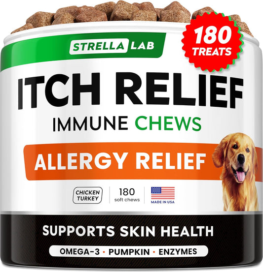 USA-Made StrellaLab Dog Allergy Relief Chews with Omega 3, Pumpkin & Turmeric - Skin & Coat Immune Support Supplement for Itchy Dogs - 180 Ct Chicken Flavor