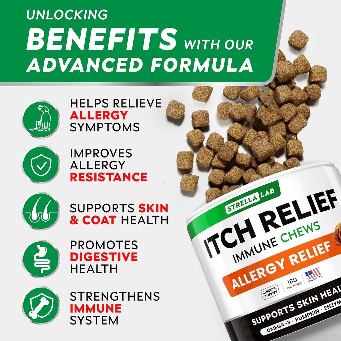 USA-Made StrellaLab Dog Allergy Relief Chews with Omega 3, Pumpkin & Turmeric - Skin & Coat Immune Support Supplement for Itchy Dogs - 180 Ct Chicken Flavor