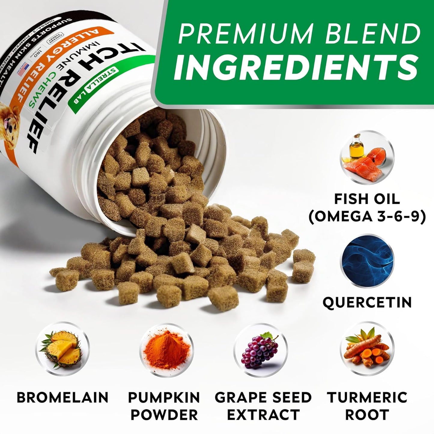 USA-Made StrellaLab Dog Allergy Relief Chews with Omega 3, Pumpkin & Turmeric - Skin & Coat Immune Support Supplement for Itchy Dogs - 180 Ct Chicken Flavor