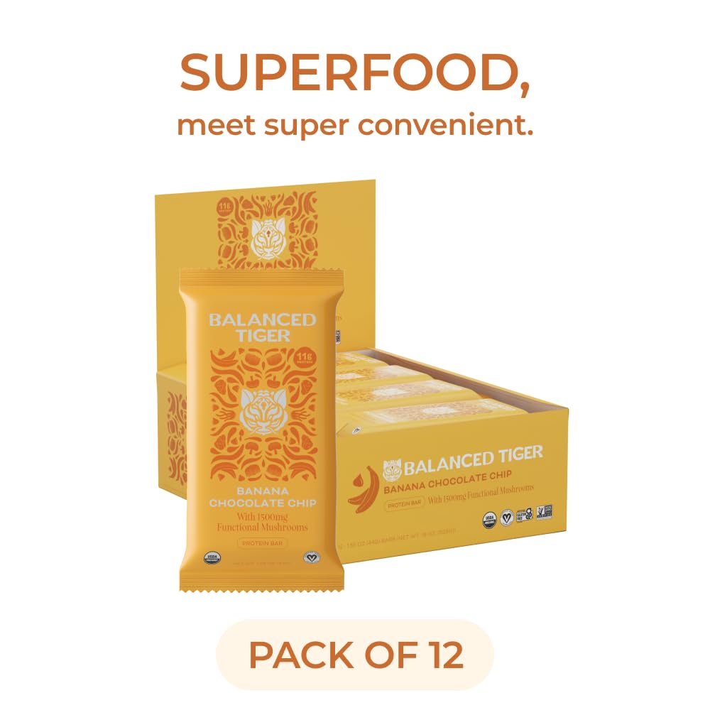 USA-Made Vegan Protein Bars with Organic Functional Mushrooms & Adaptogens - Banana Chocolate Chip Flavor, High Protein Plant Bars with Full Dose (1500mg) Lions Mane, Chaga, Reishi & Cordyceps
