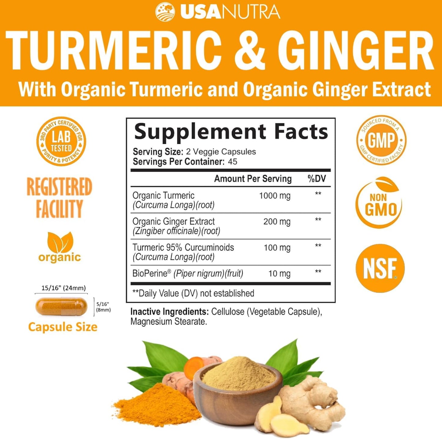 USANUTRA Turmeric Curcumin and Ginger Joint Support Formula - 95% Curcuminoids, 90 Capsules, Made in USA. Supports Joints, Heart, Brain, Immune System