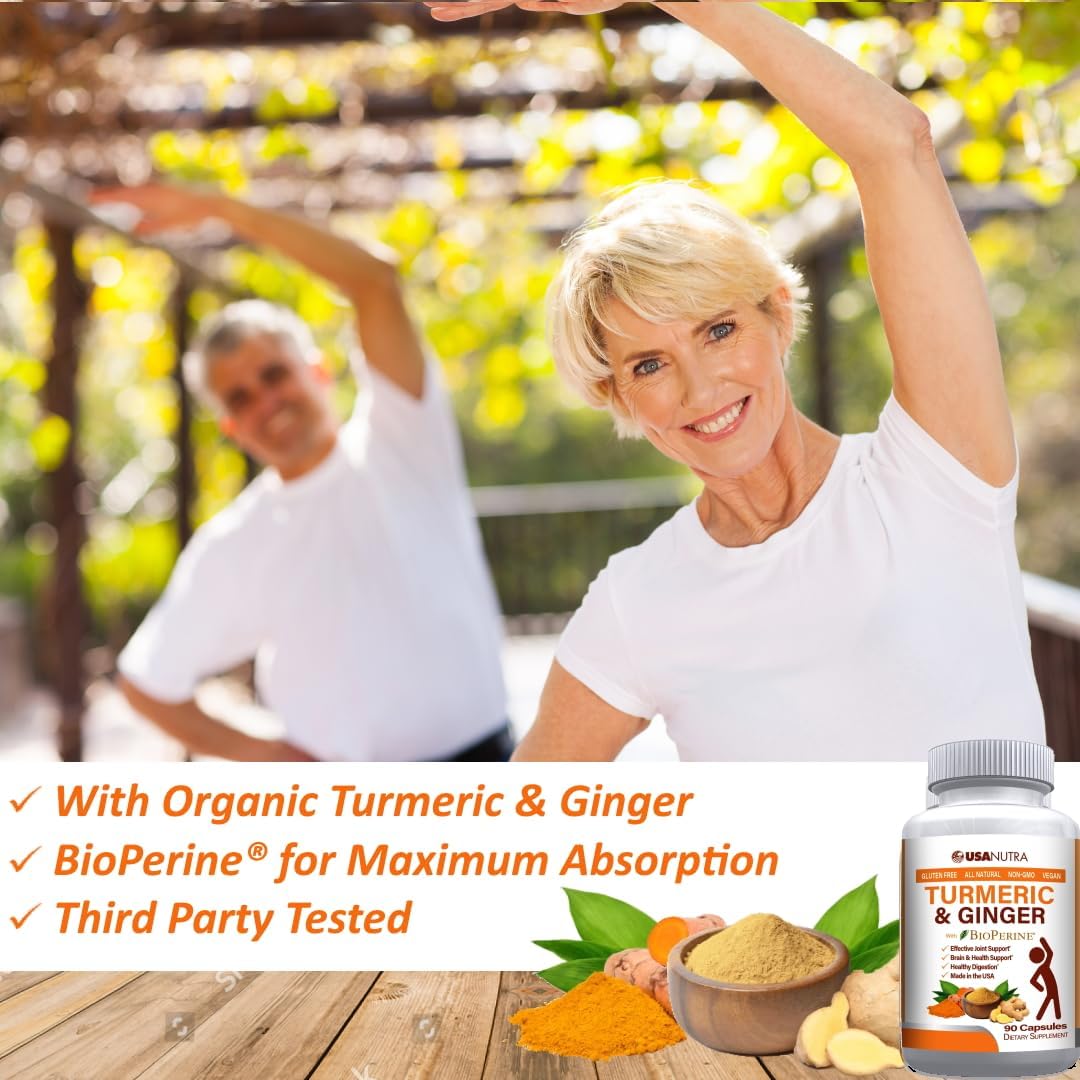 USANUTRA Turmeric Curcumin and Ginger Joint Support Formula - 95% Curcuminoids, 90 Capsules, Made in USA. Supports Joints, Heart, Brain, Immune System