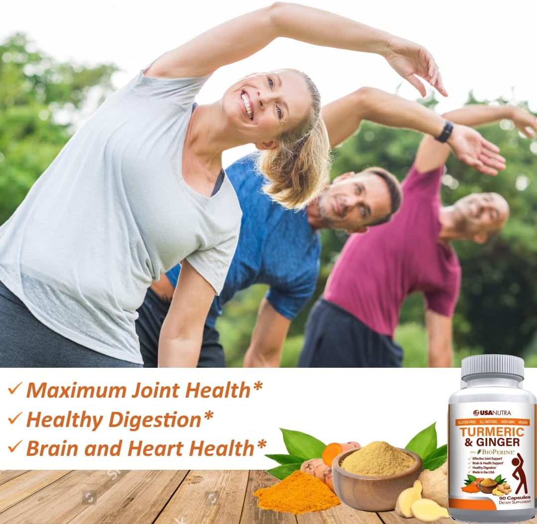 USANUTRA Turmeric Curcumin and Ginger Joint Support Formula - 95% Curcuminoids, 90 Capsules, Made in USA. Supports Joints, Heart, Brain, Immune System